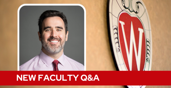 A professional headshot of Dr. Young over a tan background with a Wisconsin crest, and white text on a red bar saying "New Faculty Q&A".