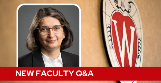 A professional headshot of Dr. Qamar over a tan background with a Wisconsin crest, and white text on a red bar saying "New Faculty Q&A".